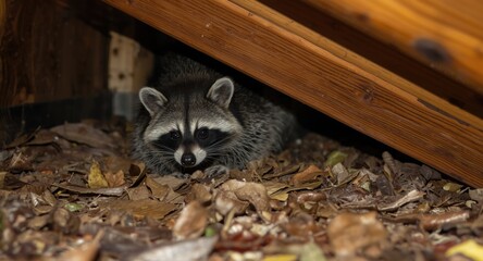 Fototapeta premium A curious American raccoon exploring a residential attic space