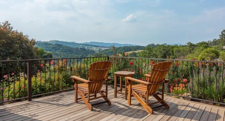 Fototapeta premium Comfortable wooden chair terrace in a vibrant garden setting with expansive hill views
