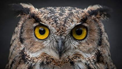 Fototapeta premium Intense close-up of a majestic horned creature's head, featuring piercing yellow eyes that convey curiosity, wisdom, and vigilance, against a dark backdrop