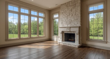 Fototapeta premium Sketch of a vacant room with a traditional fireplace and expansive windows revealing the outdoors