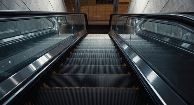 close low viewpoint showing escalator handrails and stairs