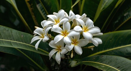 Fototapeta premium Elegant arrangement of white plumeria flowers on a tree with striking green foliage and a fresh vibe