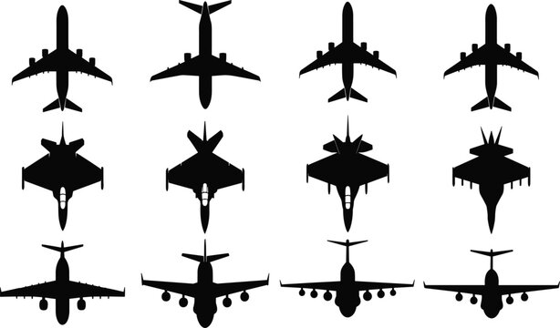 Black silhouette vector illustrations of diverse aircraft in top‑down view, including commercial airliners, fighter jets, and cargo planes, perfect for aviation, transport, and design projects