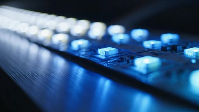 Close up view of color changing led strip lights illuminating electronic circuit board in dark environment