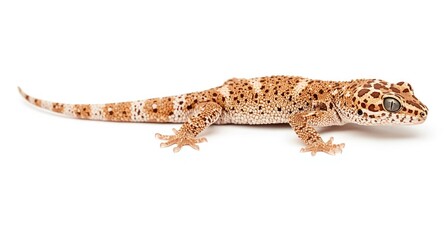 Detailed view of a Tokay Gecko on a plain white surface with copy space for text