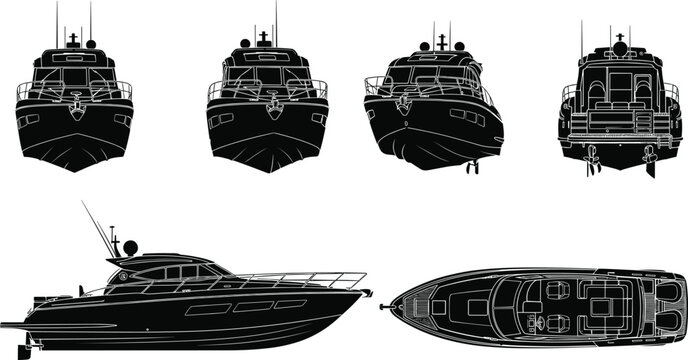 Black silhouette vector set of luxury motor yacht icons with side top and front views isolated on white background for nautical design and transport