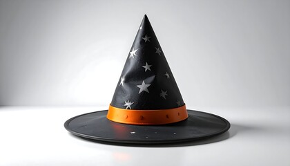 Fototapeta premium Black witch hat with silver stars & orange band sits against a white backdrop, casting faint shadow
