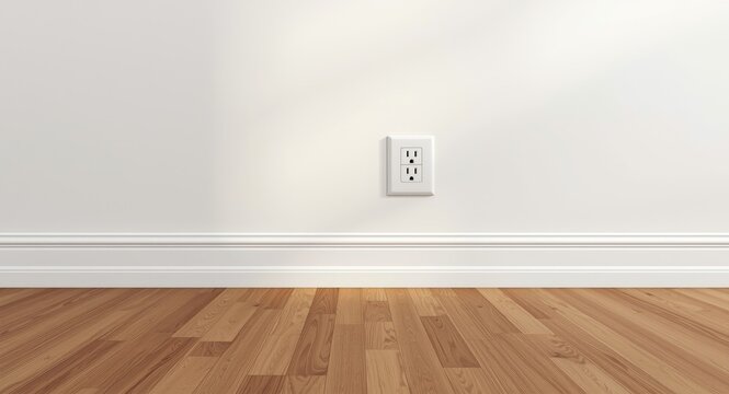 110 volt wall plug with painted baseboard and varnished hardwood floor backdrop