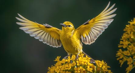 Cheerful yellow bird displaying vibrant feathers near yellow flower cluster