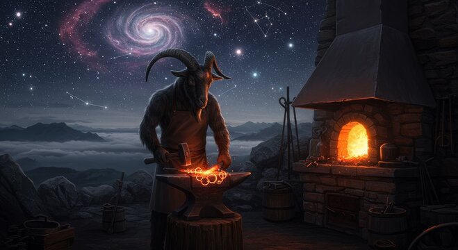 Cosmic Smithy: A mystical figure, part-goat and part-human, forges intricate metalwork under a starlit, galaxy-filled sky, working near a burning furnace.