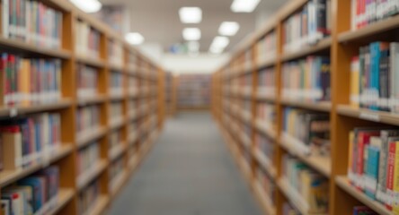 Fototapeta premium Commercial backdrop featuring defocused public library shelves and blurred interior