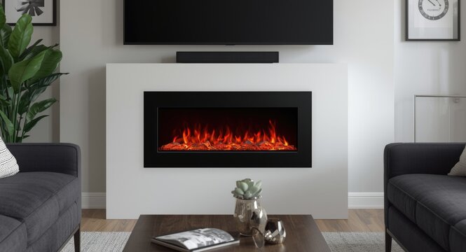 Black electric fireplace with lifelike flame animation adding warmth to contemporary room