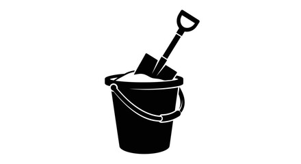 Fototapeta premium Solid Black Sand Bucket with Shovel Silhouette Minimal Beach Vector Illustration