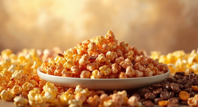 A lineup of flavored popcorn kernels including onion and chocolate in mixed colors