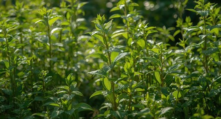 Fototapeta premium Green leafy plants flourishing under intense summer light