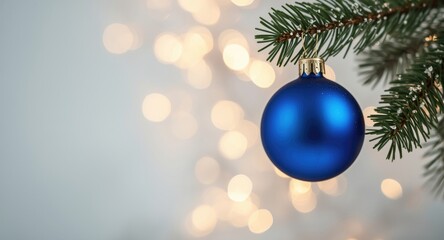 Obraz premium Decorated Christmas branch holding a cobalt blue bauble with gentle blurred lights