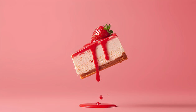 A piece of cheesecake with strawberry topping and red sauce floating in mid-air