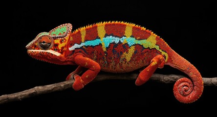 Fototapeta premium A vibrant panther chameleon displaying bright colors on a dark backdrop
