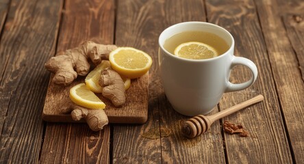 Fototapeta premium Cup of ginger tea with lemon slices and honey on wooden table with copy space