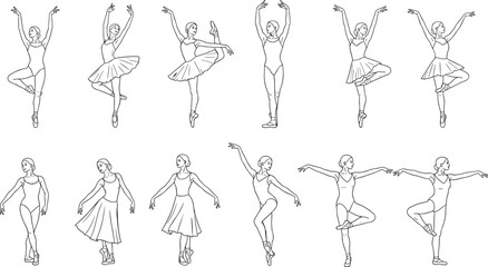 Elegant line drawings of ballet dancers in diverse classical poses including arabesques and pirouettes, showcasing graceful movement for dance instruction, choreography, and artistic projects © MDMizanur