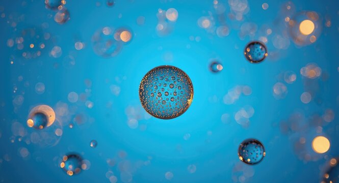 Glowing airborne moisture spheres set against a bright blue background displaying a circular pattern of droplets