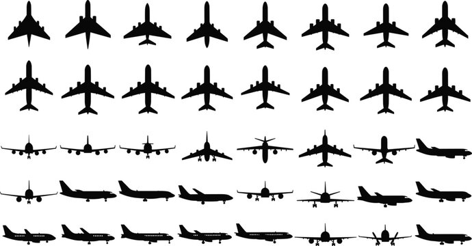 Airplane silhouette collection, aviation icon set, aircraft outline design, top view planes, side profile jets, front view airplanes illustration