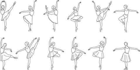 Ballet dancer line drawing collection, classical dance poses illustration, graceful movement outline, pirouette arabesque attitude art, choreography icon design set © razia