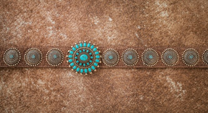 Artisan silver concho belt featuring turquoise buckle on rawhide textured fabric
