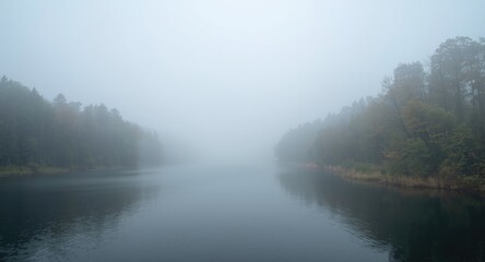 Fototapeta premium Calm foggy forest river scene highlighting clean air and providing space for textual content