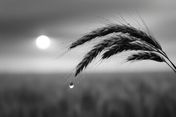 Obraz premium Monochrome close-up image shows morning dew drops on wheat stalks, sun appears in the distance, creating a peaceful and serene rural scene, capturing nature's delicate beauty.