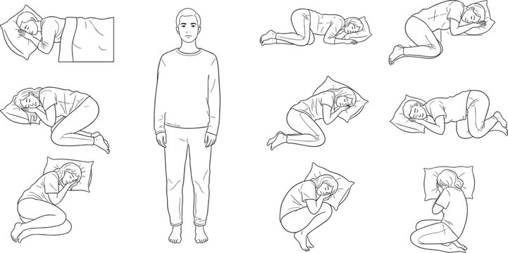 Vector illustration of diverse sleeping positions with central standing figure, showing curled fetal postures on pillows, ideal for sleep analysis, comfort studies, and lifestyle design projects