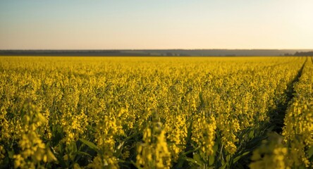 Fototapeta premium Blossoming rapeseed field emphasizing biodiesel and oil production value including copy space