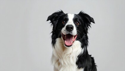 Fototapeta premium Black and white dog, open mouth, brown eyes, staring forward against a light gray studio background