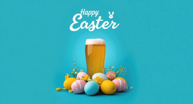 Easter themed arrangement featuring a glass of beer and uniquely painted eggs on a bold blue backdrop decorated with bunny greetings
