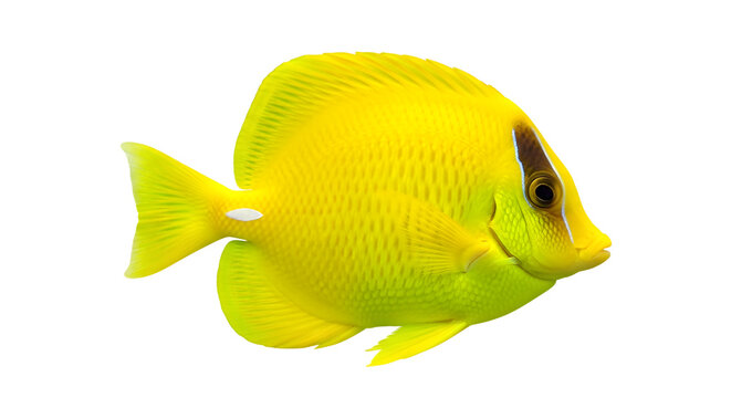 Yellow tropical fish on an isolated transparent background, swimming right