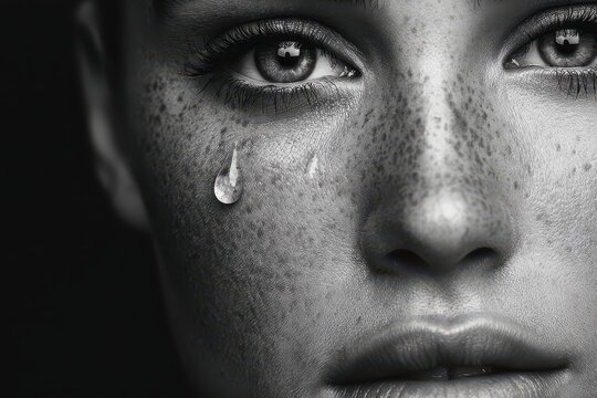 A monochrome portrait of a woman with tears streaming down her face, emphasizing deep emotion, vulnerability, and an evocative representation of sadness and despair.