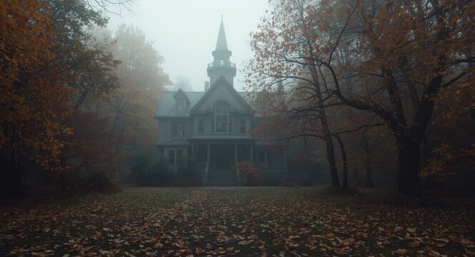 Creepy forsaken villa wrapped in thick haze surrounded by colorful autumn woods on Halloween