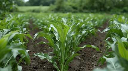 Obraz premium Vibrant green plants cultivated in neat rows across a fertile agricultural field