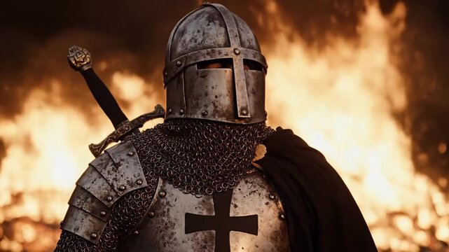 Powerful knights templar warrior in full medieval armor with sword and fiery background, symbolizing courage and historical conflict