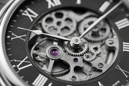 A detailed macro shot of a skeleton watch with intricate gears and moving hands, showcasing the complexity of mechanical engineering and the beauty of timekeeping.