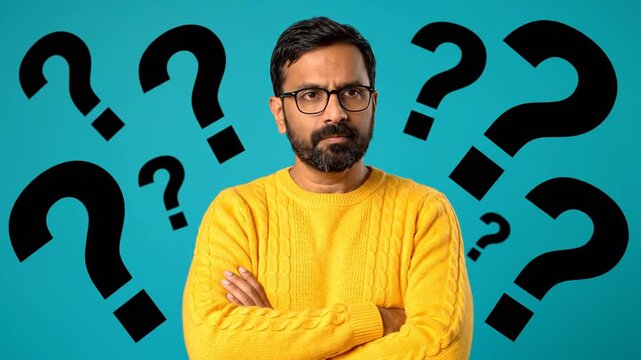 Man questioning blue background.