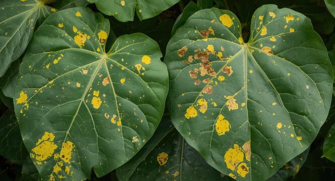 Biotic and abiotic stress effects visible as yellow and brown spots on cassava leaves