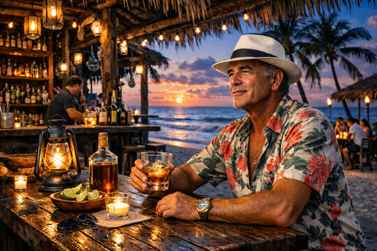 A man in a colorful shirt with flowers sits in a traditional old Cuban bar and drinks whiskey on the ocean shore.