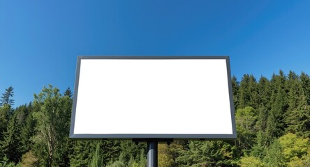 Advertising board without graphics set in front of green forest and a sharp blue sky