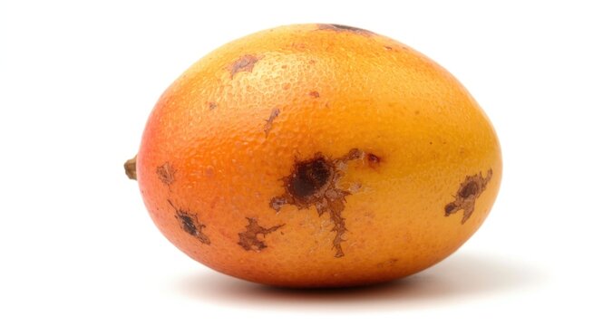 Close up of one mango displaying anthracnose and bacterial spots isolated on white