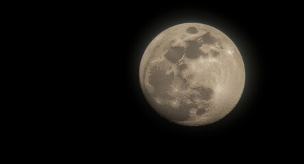 Fototapeta premium Detailed moon crater textures on a near full moon set against a deep dark sky for nature themes