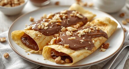 Delicious homemade crepes with chocolate hazelnut spread and chopped nuts for breakfast