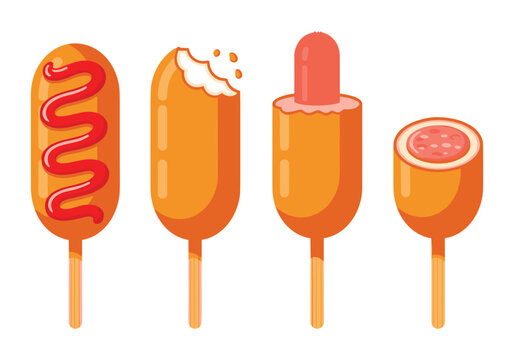 Set of four delicious vector corn dogs with sauce and bite marks illustration