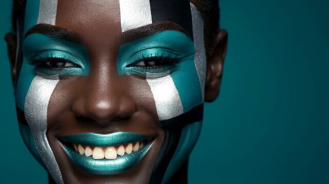 An artist applies striking blue and silver face paint on a model. The model poses with different smiles, showcasing detailed face art under bright lights.