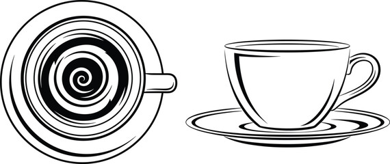 Teacup saucer silhouette, spiral pattern design, minimalist line art illustration, optical illusion cup graphic, beverage icon outline, artistic drink symbol